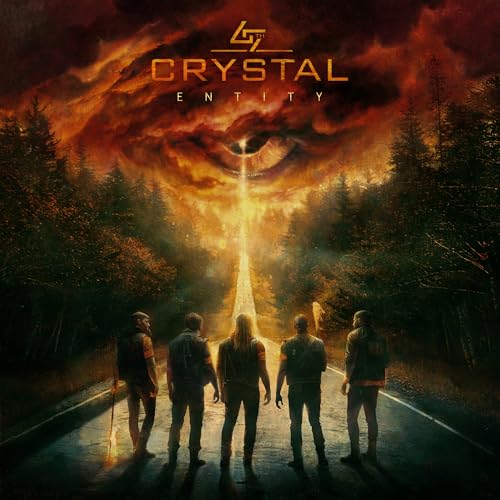 Five people stand on a road facing a giant eye in a fiery sky.