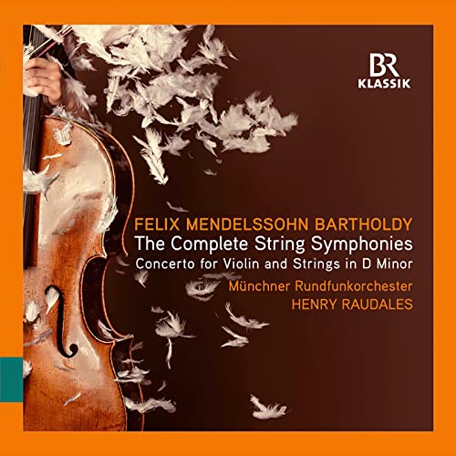 CD cover featuring a violin, feathers, and text about Mendelssohn symphonies.