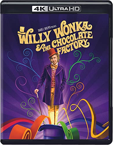 Willy Wonka & The Chocolate Factory" Blu-ray cover with Wonka in a purple suit.