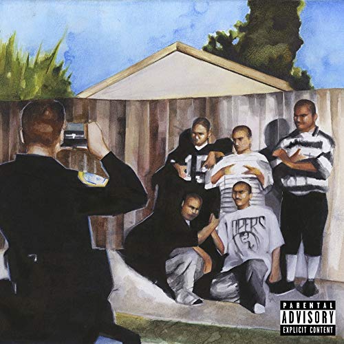 CD cover: group of men in a backyard, painting style.