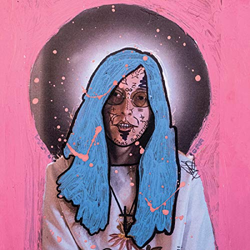 Painted portrait of a person with blue hair and markings on their face.