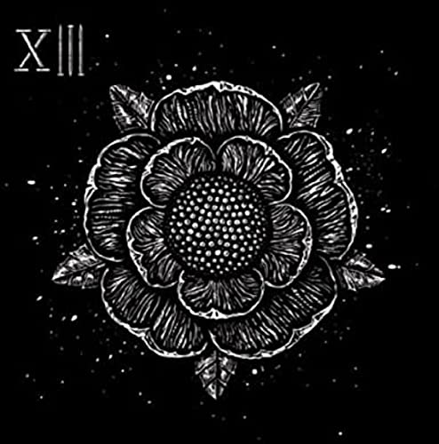Black and white illustration of a rose with “XIII” above it.