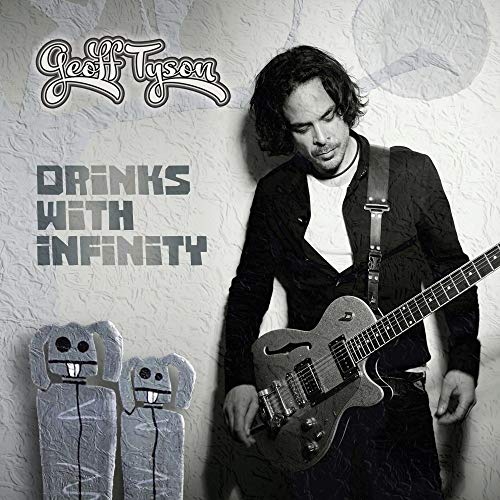 CD cover: musician with guitar, robot figures, textured wall background.