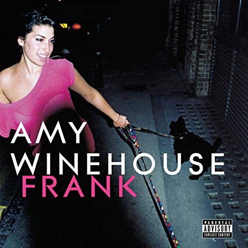 Amy Winehouse album cover, “Frank,” featuring her walking a black dog.