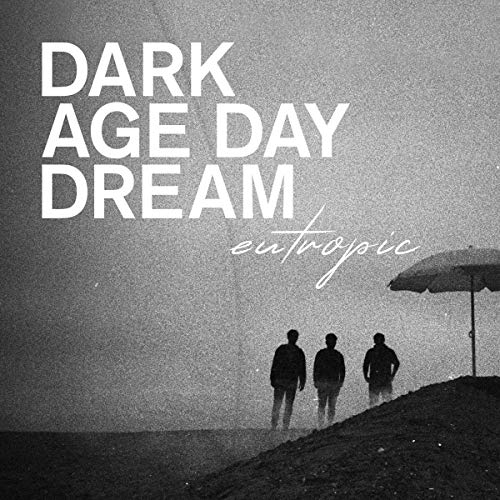 Black and white album cover with figures on a beach, text overlay.