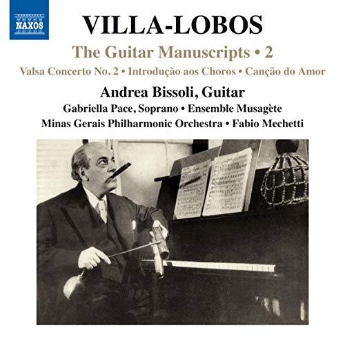 CD cover for Villa-Lobos guitar works featuring a conductor and musical score.