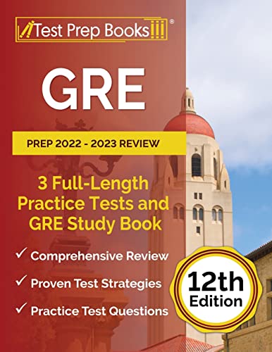 GRE study book cover with red and yellow text, and a building image.