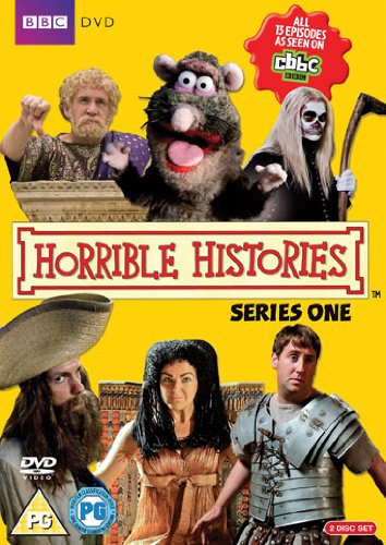 DVD cover for "Horrible Histories" featuring costumed characters and a rat puppet.