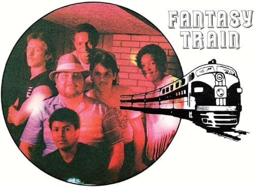 Band photo with a train illustration, circular design for "Fantasy Train" vinyl.