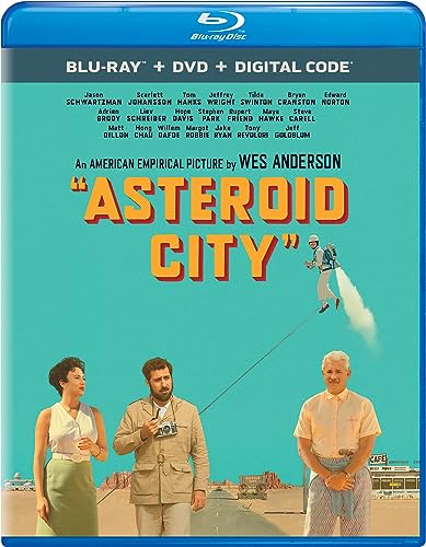 Asteroid City" Blu-ray cover featuring a desert scene and film characters.