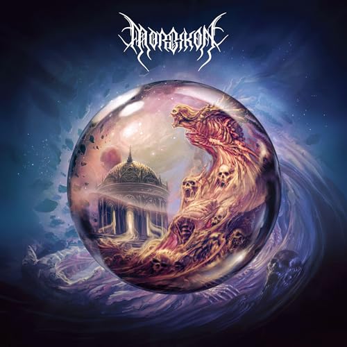 Album cover for Morbikon, featuring a crystal ball with skeletal figures.