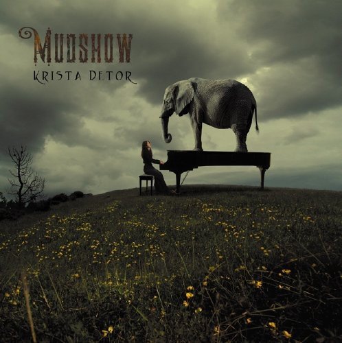 Album cover: elephant on piano, woman seated, stormy sky, grassy field.