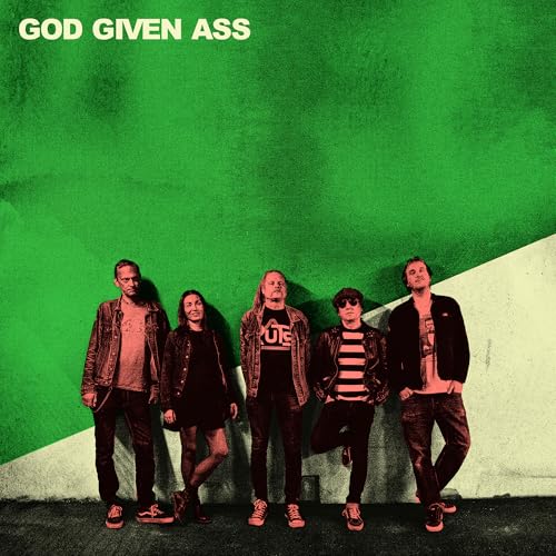 Band photo with five members against a green and white background.