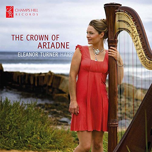 Woman with harp on beach, album cover for Eleanor Turner’s “The Crown of Ariadne.”
