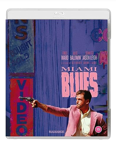 BluCasing for Miami Blues Blu-ray featuring a man in a pink suit holding a gun.