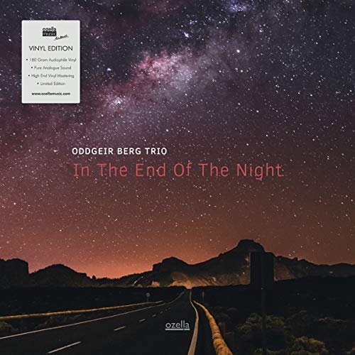 Vinyl record cover with a night landscape, mountains, and road.