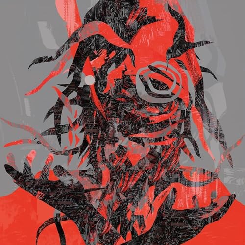 Abstract portrait in black and red with fragmented, swirling lines.