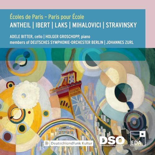 CD cover featuring abstract art with a colorful cityscape and musical composers’ names.