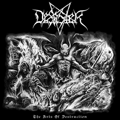 Black and white album cover depicting a demonic figure amidst chaos.