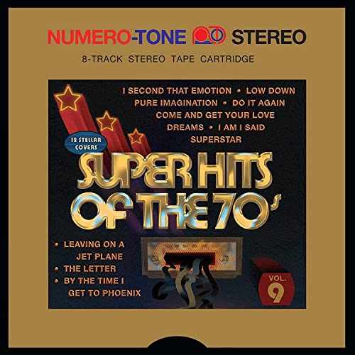 Super Hits of the 70s" 8-track tape cartridge cover with song list.