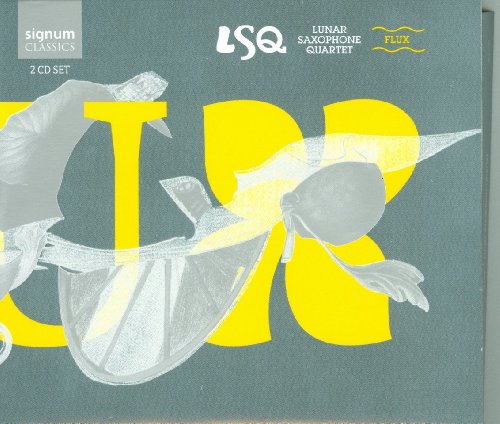 CD cover for Lunar Saxophone Quartet’s “Flux” with abstract yellow and gray design.