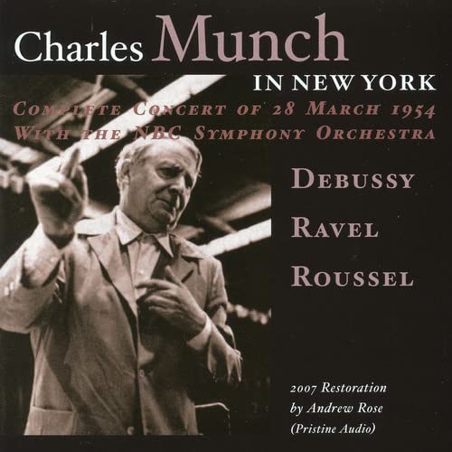 Black and white portrait of conductor Charles Munch with composer names.