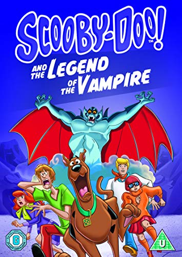 Scooby-Doo characters running from a large, green vampire with wings.
