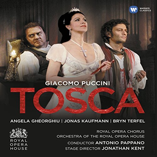 Blu-ray cover for Puccini's *Tosca* featuring Angela Gheorghiu and Jonas Kaufmann.