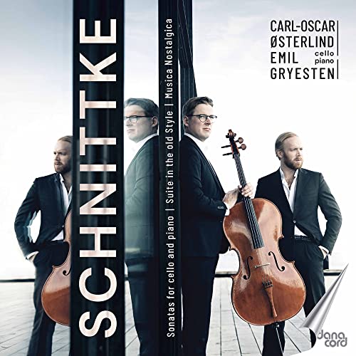 CD cover featuring two musicians with a cello and piano, Schnittke text.