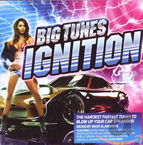 CD cover for “Big Tunes: Ignition” featuring a woman, car, and lightning.