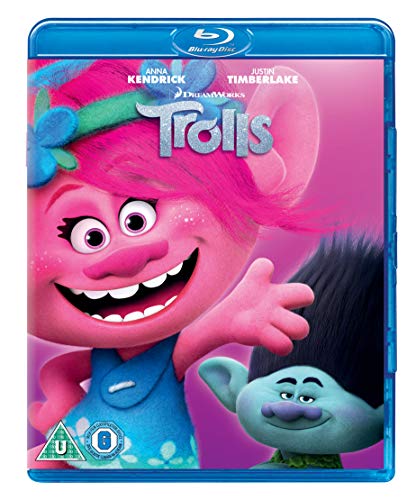 Trolls" Blu-ray cover featuring pink Poppy and Branch with film title.