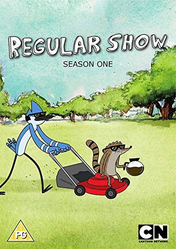 Mordecai pushes a lawnmower while Rigby sits on it holding a coffee pot.
