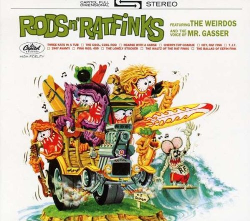Colorful cartoon cover for “Rods N Ratfinks” CD featuring monster car and surfers.