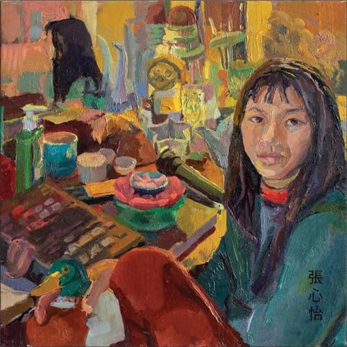 Painted portrait of a woman surrounded by colorful objects and textures.