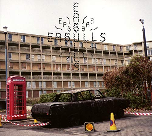 CD cover for Eagulls, showing a burned car and brutalist architecture.