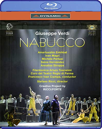 Blu-ray cover for Verdi’s Nabucco opera, featuring performers and stage imagery.