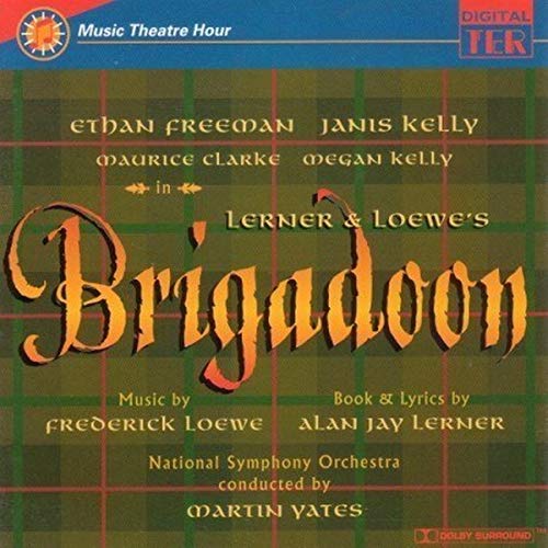 CD cover for "Brigadoon" musical highlights, featuring tartan background and cast names.