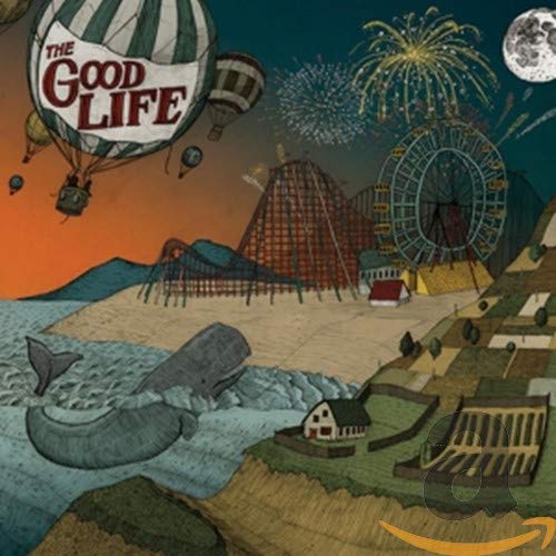 Whale, Ferris wheel, and hot air balloons in a sketched coastal scene.