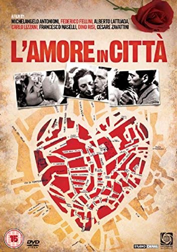 DVD cover for "L'amore In Citta" featuring romantic scenes and a heart-shaped map.