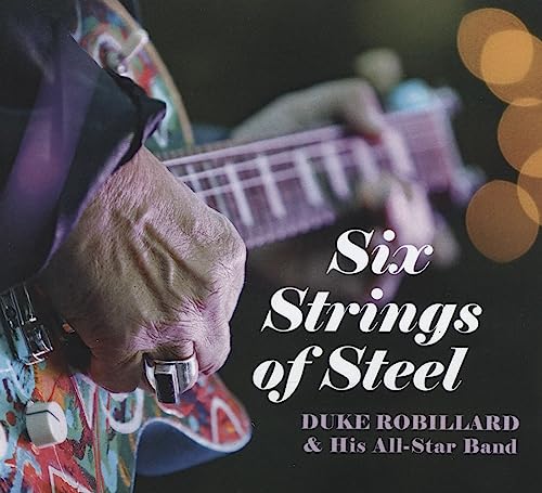CD cover featuring hands playing a guitar, with text “Six Strings of Steel”.