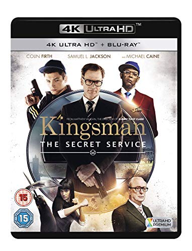 Kingsman: The Secret Service Blu-ray cover with Colin Firth, Samuel L. Jackson, and Michael Caine.