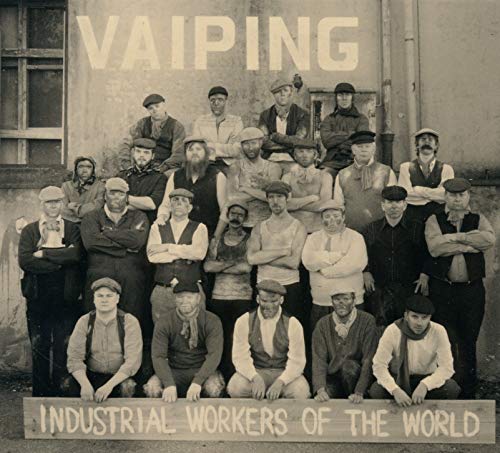 Sepia-toned photo of a large group of working-class men in caps.