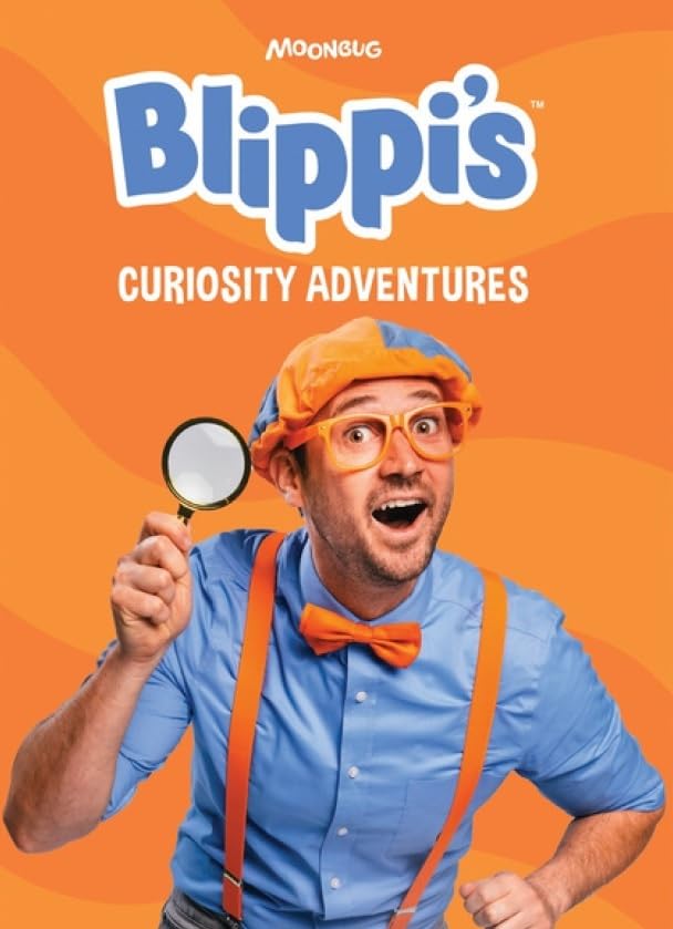 Blippi with a magnifying glass on the "Curiosity Adventures" DVD cover.