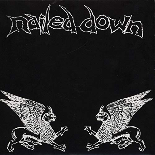 Black vinyl record cover with white text and two griffins.