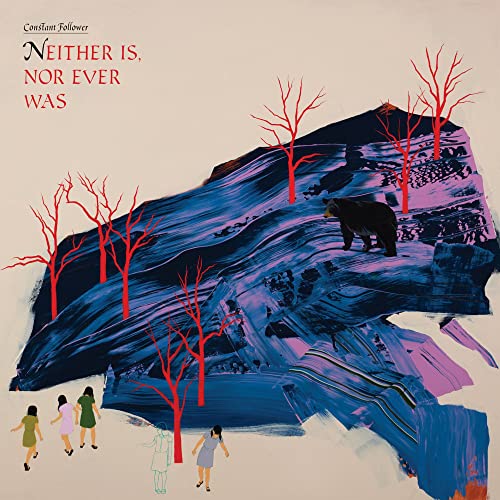 A bear stands on a blue abstract hill with red trees and five figures.
