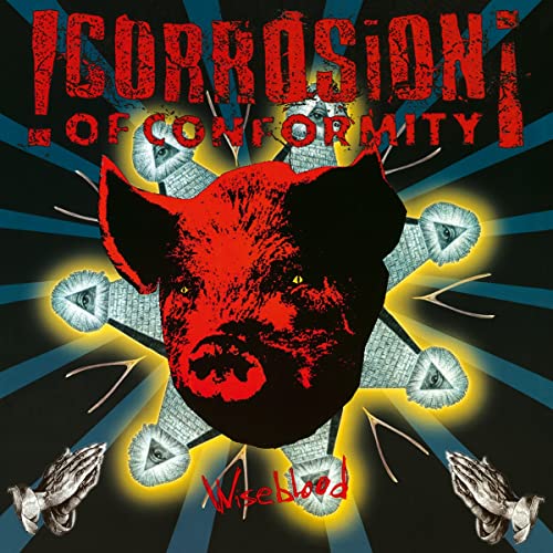Album cover featuring a red pig head, pyramids with eyes, and praying hands.
