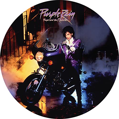Prince on a motorcycle, album cover for “Purple Rain” vinyl record.