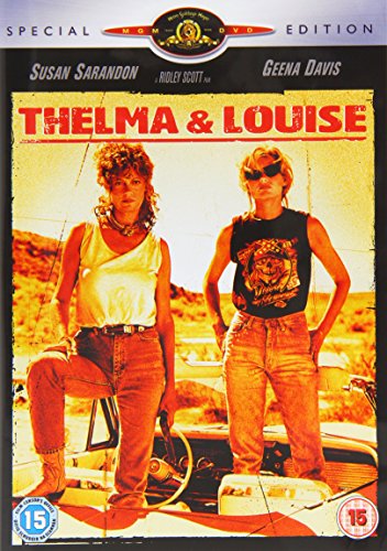 DVD cover for Thelma and Louise featuring Susan Sarandon and Geena Davis in a car.