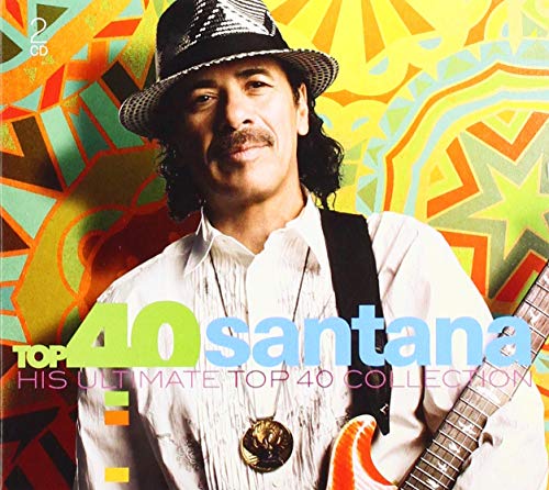 CD cover featuring Santana in a hat, with colorful abstract background.
