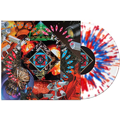Vinyl record with colorful splatter pattern and collage album cover.